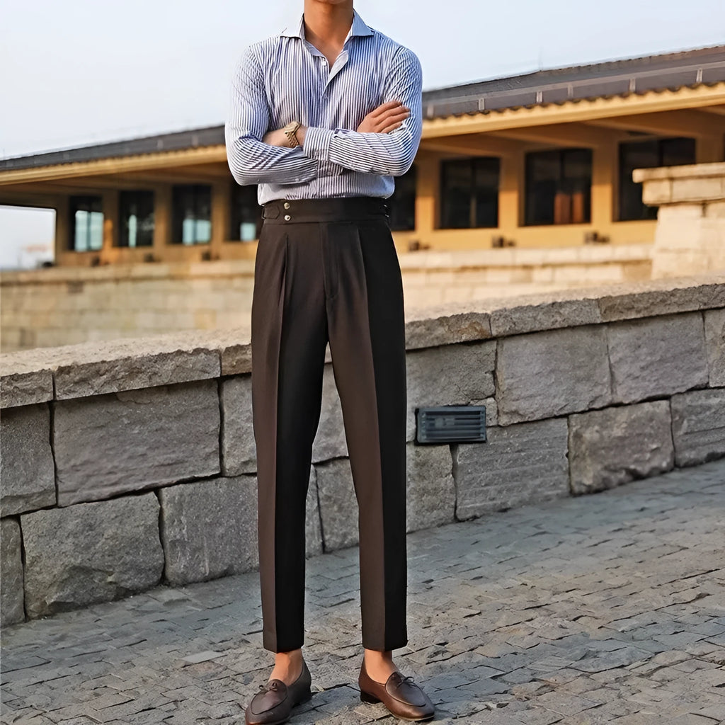 Men's slim fit straight leg suit trousers in black, white, and apricot colour options.