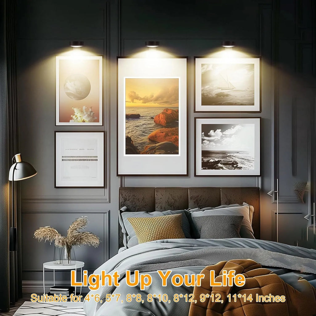 Black, white, and gold magnetic LED lamps with remote control for wall and painting lighting.
