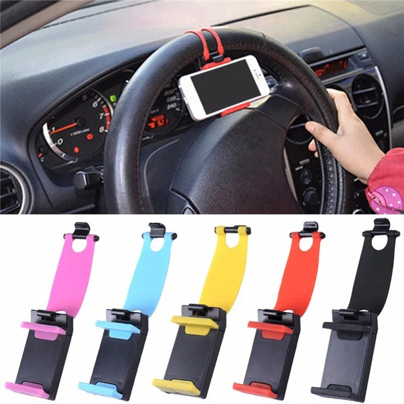 Universal black steering wheel phone mount holder clipped onto a car wheel