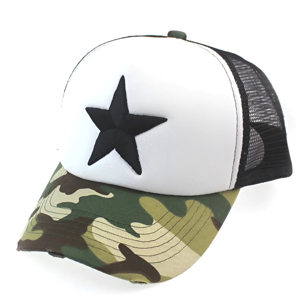 Camouflage cotton baseball cap with bell-shaped top and long curved brim