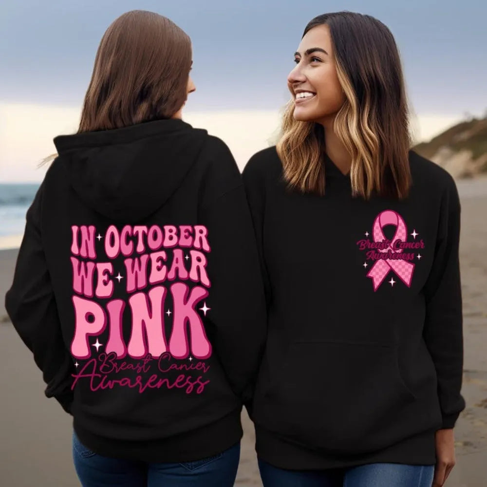 Breast Cancer awareness pullover hoodie with retro pattern and side seam pockets in a chosen colour