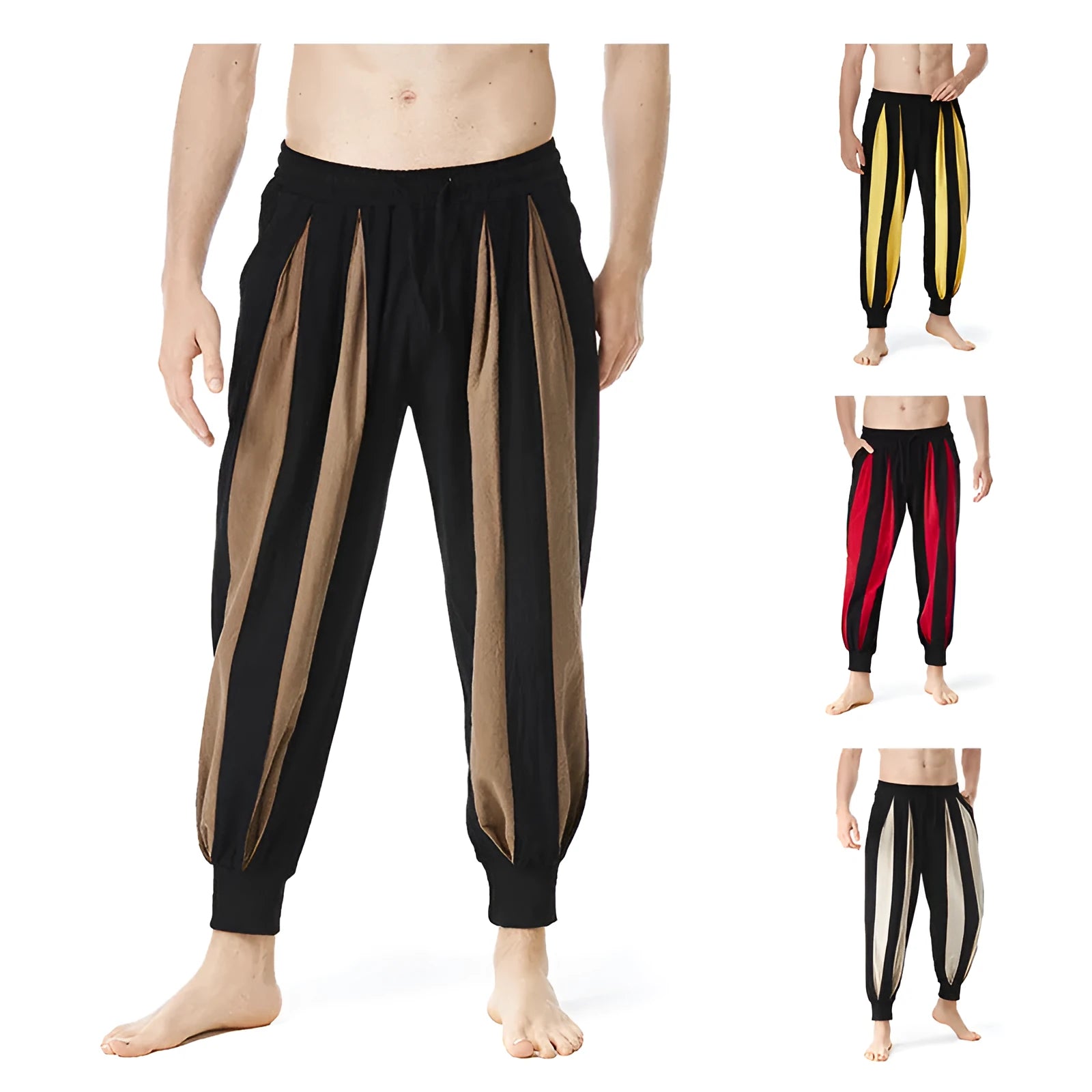 Men's straight leg casual trousers in polyester available in red, khaki, yellow and brown colours