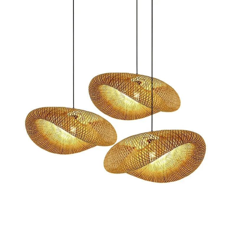 Bamboo straw hat-shaped hanging pendant lamp in natural material showing diameter size options