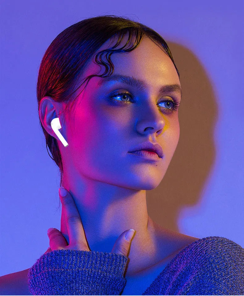 Wireless Bluetooth 5.0 stereo earbud headset in white, earplug type with data cable, bilateral design
