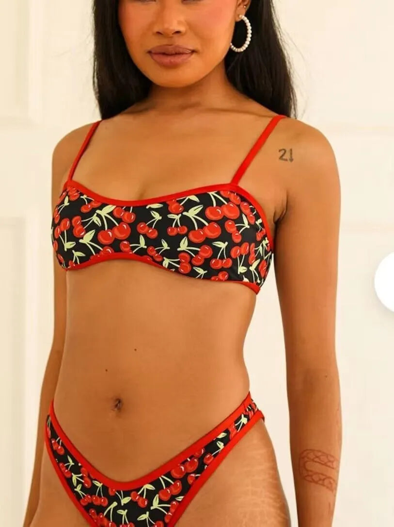 Women's cherry print polyester bikini swimsuit set with tube top and briefs