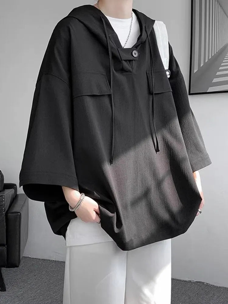 Men's loose hooded short-sleeve T-shirt in solid colours for summer wear.