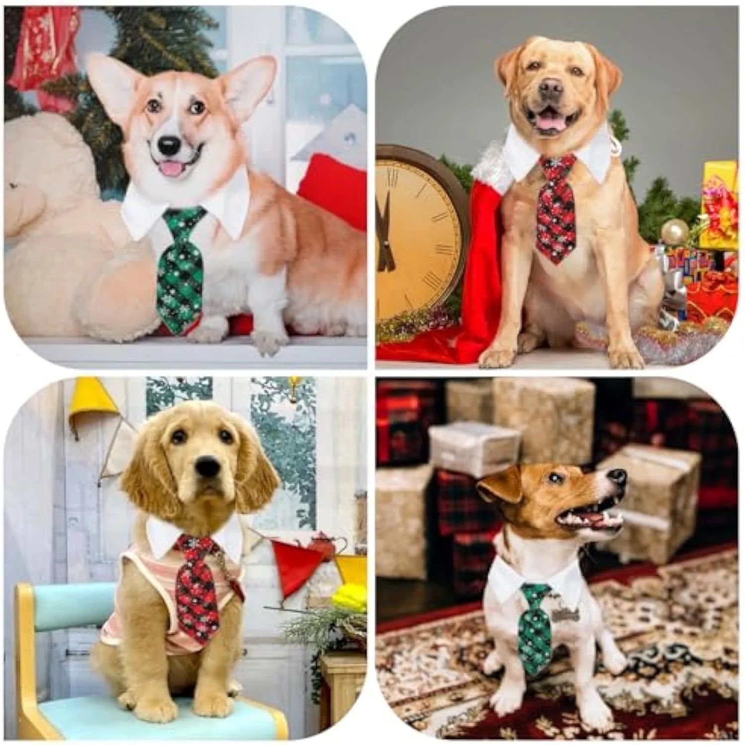 Adjustable Christmas dog necktie with red plaid and snowflake pattern on a white background