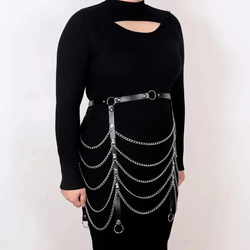 Black PU leather waist chain with bandage binding design for women's waist jewellery accessory