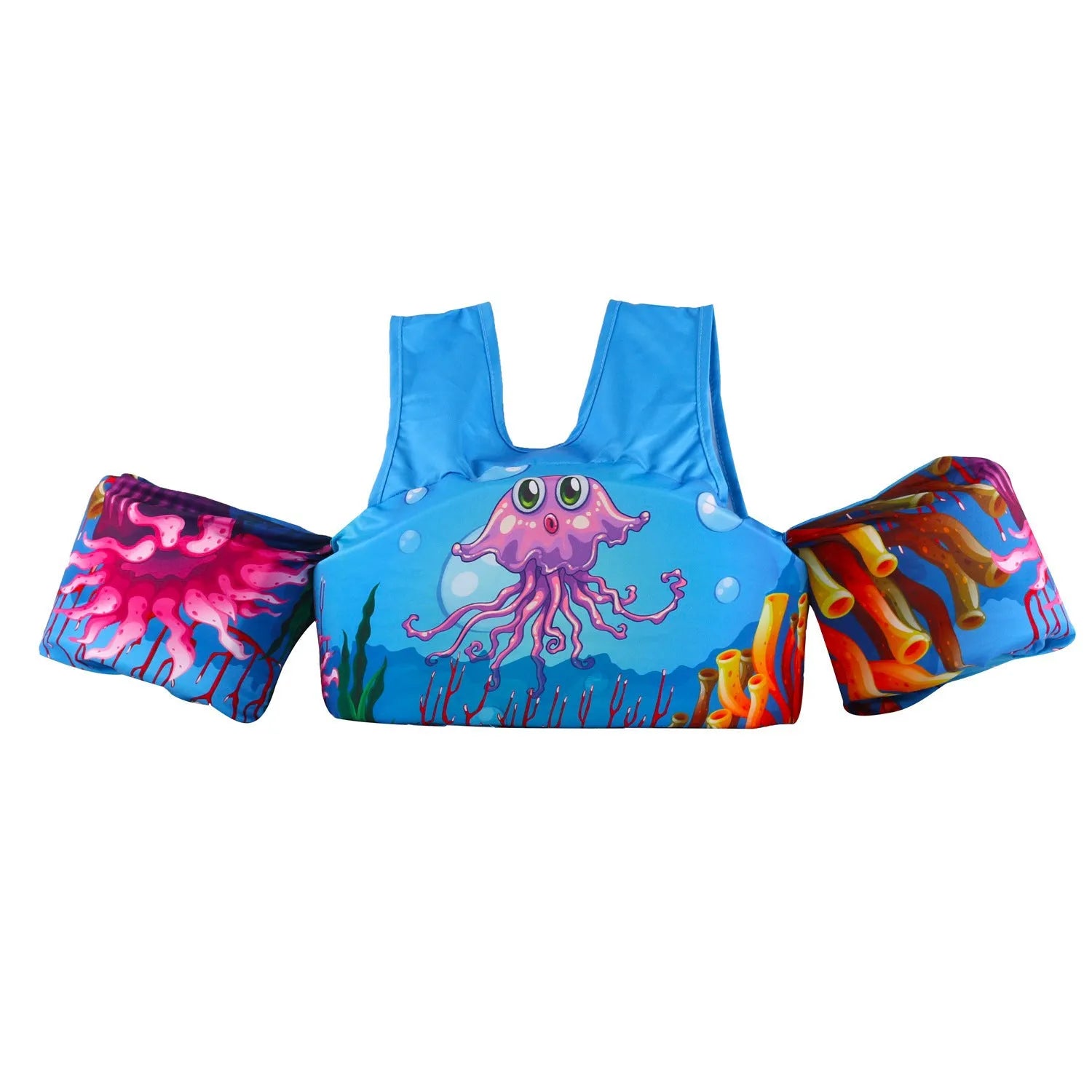 Children's swimsuit with extended arm swimming ring in colourful cartoon designs