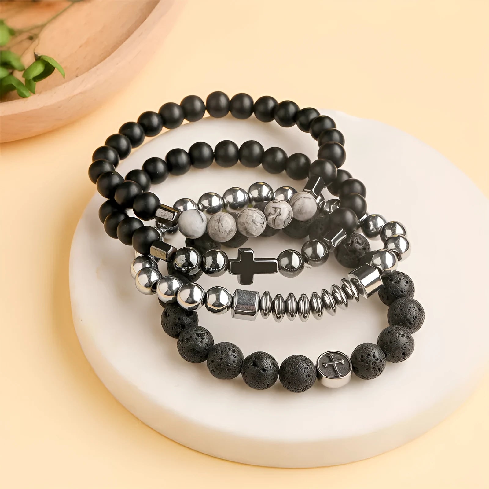 Geometric volcanic rock agate bracelet with stainless steel finish, 19mm diameter and 10mm bead size