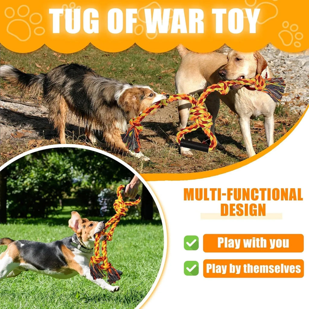 Blue and yellow durable cotton rope dog toy with handle for large breed aggressive chewers