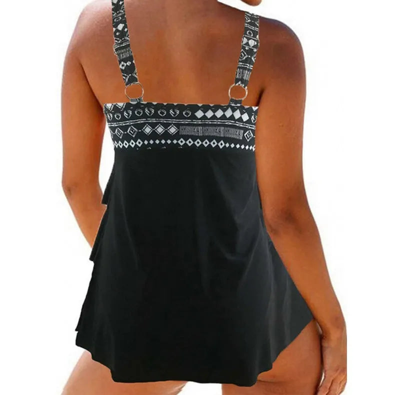 Plus-size women's two-piece split swimsuit with double shoulder straps and a bow detail in picture colour.