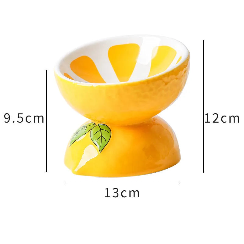 Ceramic raised cat bowl in orange with tilted design for food and water