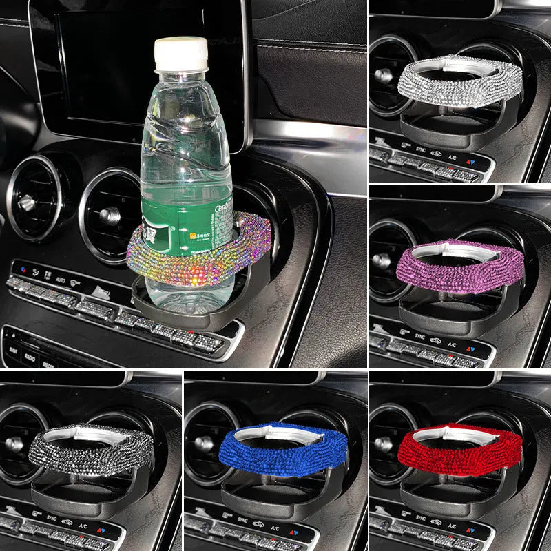 Car interior water cup holder bracket mounted on air vent with rhinestone decoration