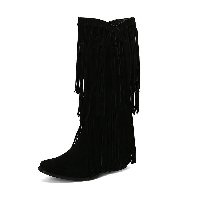 Women's beige suede mid-calf boots with a chunky heel, tassel detail, and square toe