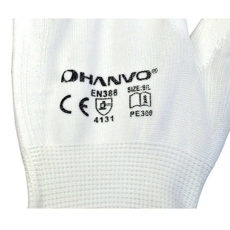 White PU-coated labour work gloves showing flexible coating and wrist coverage