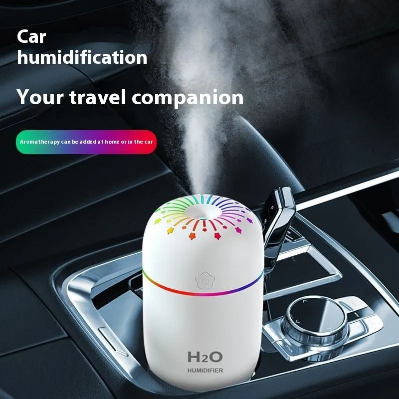 White USB desktop humidifier with compact 75x75x116mm dimensions and 300ml water tank capacity