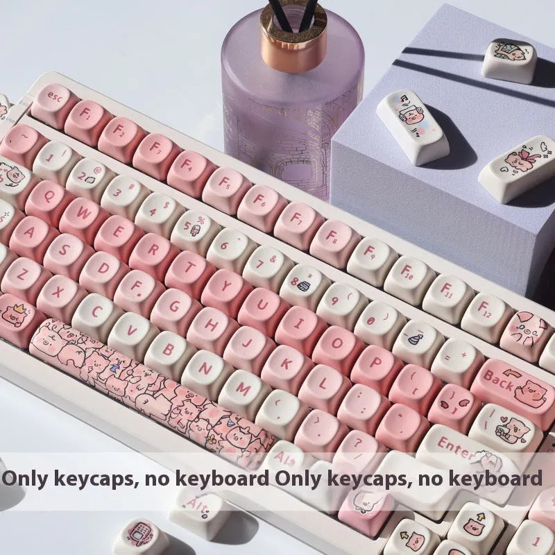Pink mechanical keyboard keycap with a detailed fragrant pig design on all sides, shown next to a keycap puller tool.