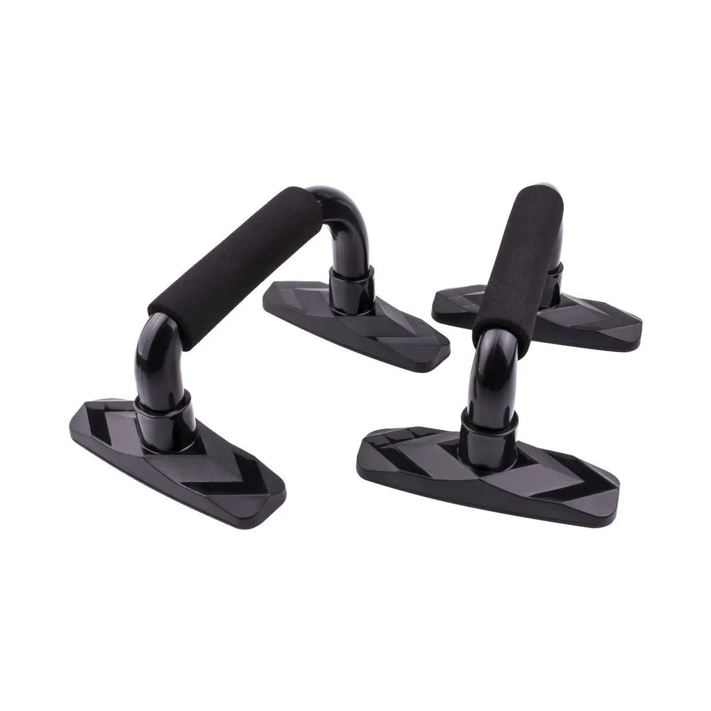 Set of two I-shaped push up bars with PP sponge foam grips, shown in blue colour