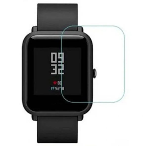 Amazfit Bip S smartwatch with clear TPU hydrogel screen protector applied.