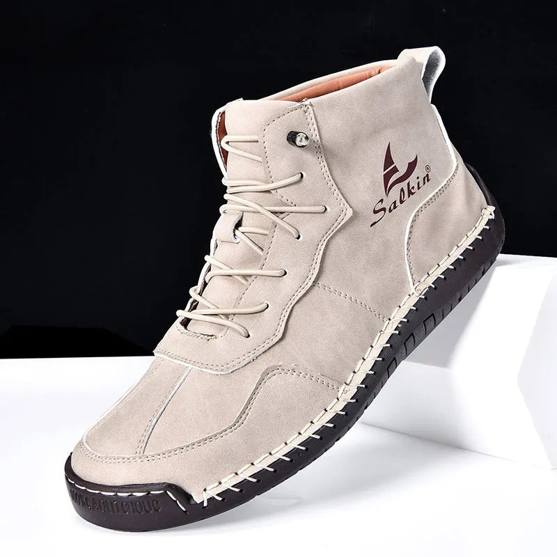 Retro high-top casual boots in beige with elastic side closure and round toe