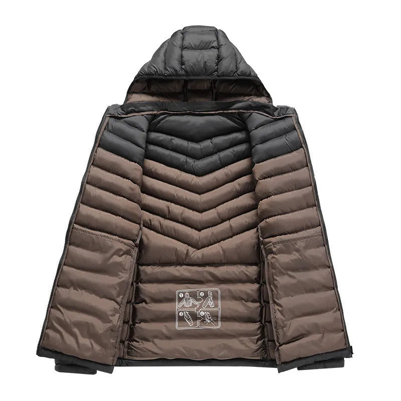 Men's lightweight down padded jacket in army green with a detachable hood and zipper pockets.