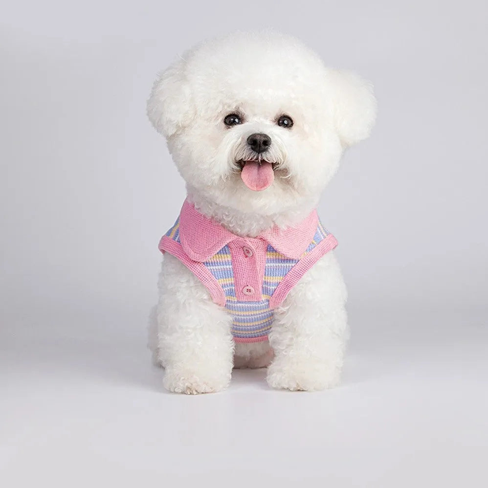 Small pink purple dog vest autumn clothing shown on mannequin with size chart