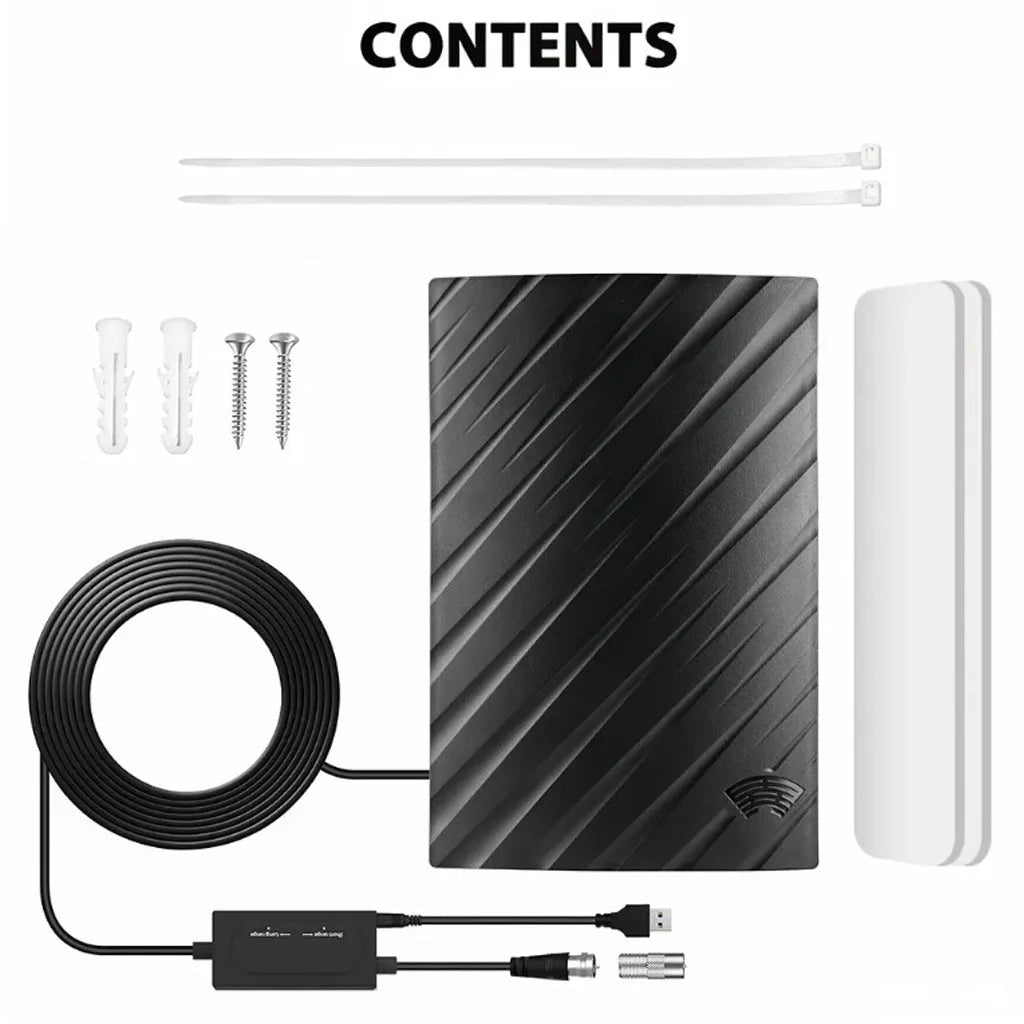 Black plastic indoor digital television antenna with HD Mode and mounting accessories