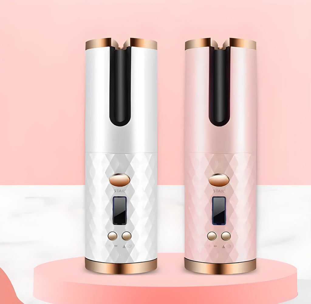 White portable mini curling iron with USB charging cable and gold ceramic barrel on a table.