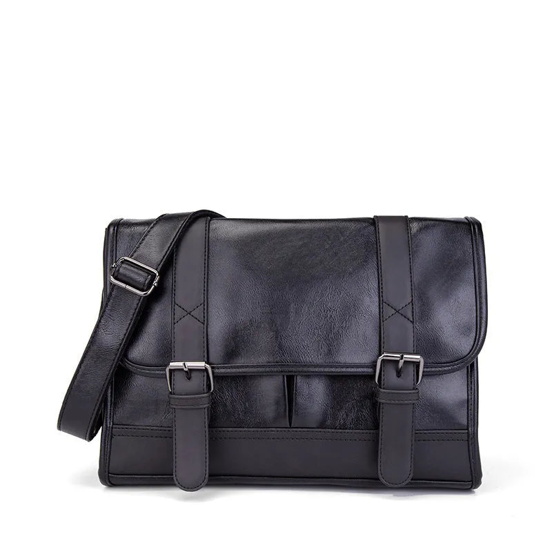 Black polyurethane commuter backpack with contrast stitching and anti-theft features