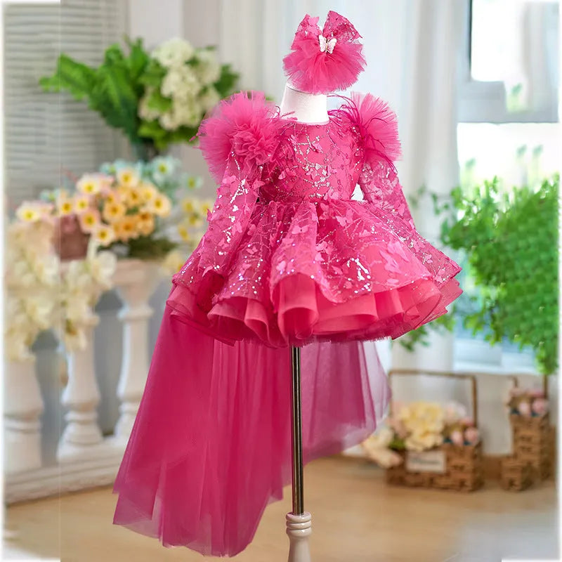 Rose red butterfly sequined long sleeve princess dress for girls suitable height 80-160cm with trailing skirt option
