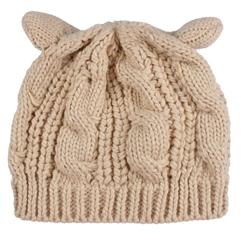 Handmade 3D knitted cat ear beanie in wool for winter wearing