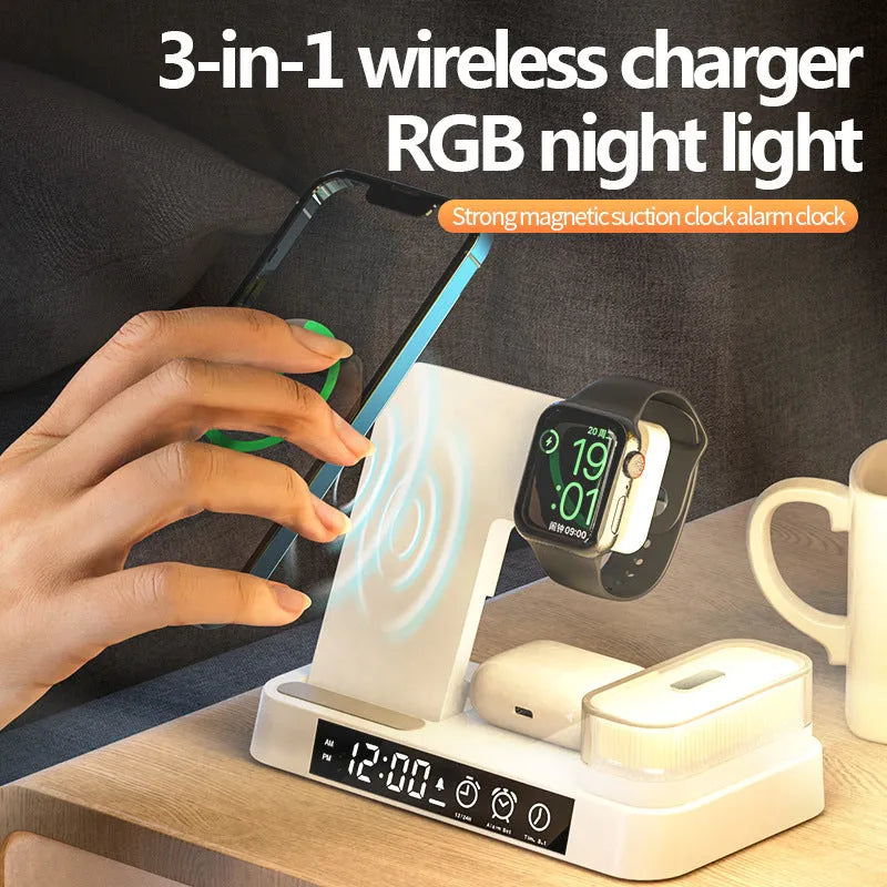 White 4-in-1 multifunction wireless charger station with foldable stand, alarm clock display, and RGB night light.