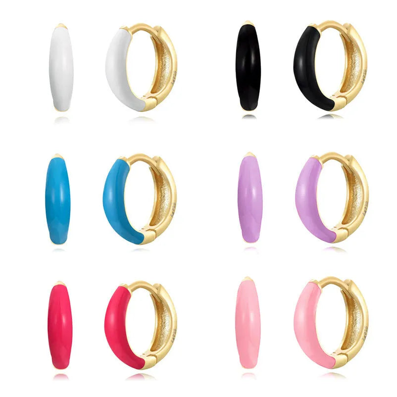 Geometric oval curved earrings with drip-oil epoxy colours on silver-plated copper posts
