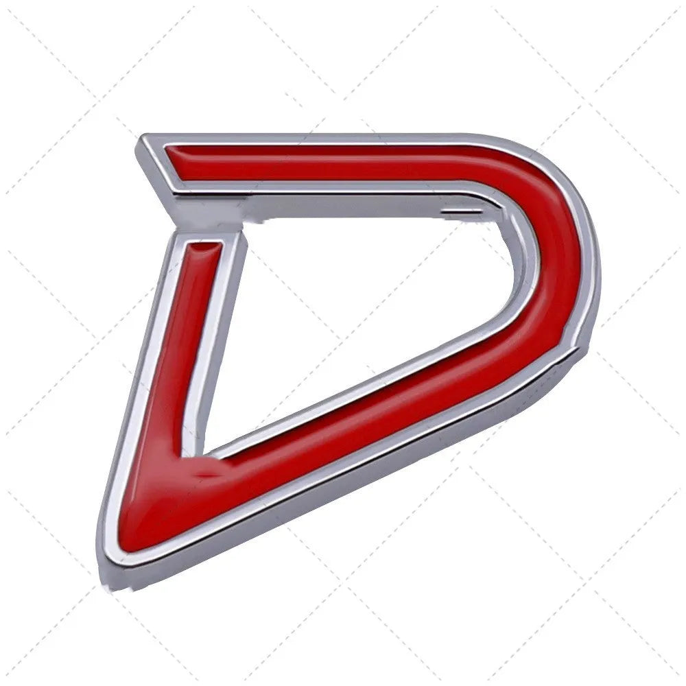 Metal car bumper stickers showing SD and D patterns in red silver and red black colour options