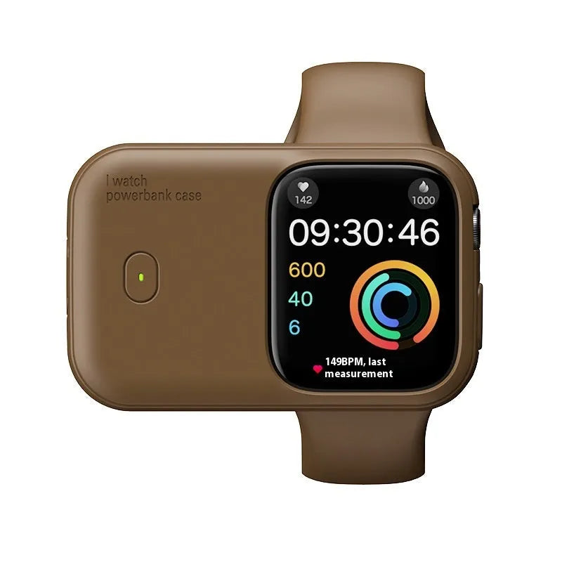 Apple Watch portable wireless charging case power bank in brown, midnight blue, and starlight colours