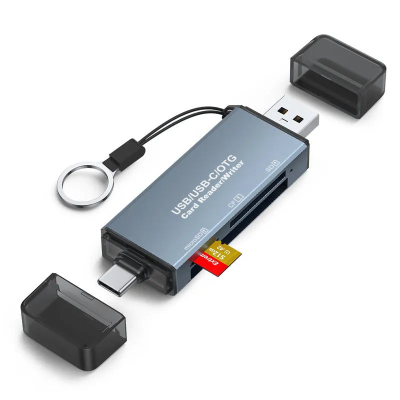 Silver aluminium alloy CF SD TF three-in-one USB card reader with USB Type-C adapter.
