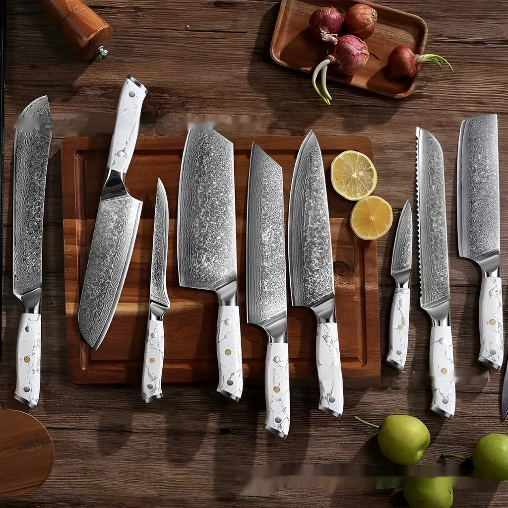 Damascus steel household chef's knife with VG10 core, 32cm total length for multi-purpose kitchen cutting
