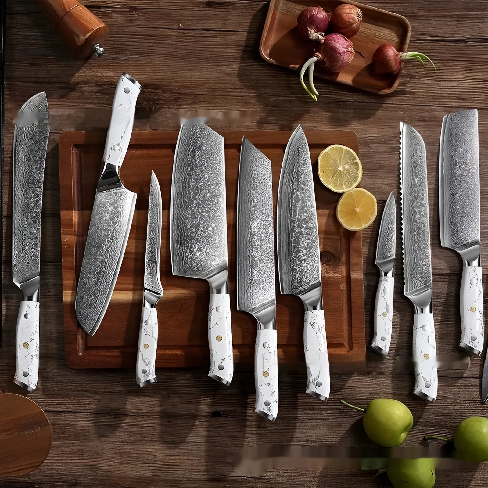 Damascus steel household chef's knife with VG10 core, 32cm total length for multi-purpose kitchen cutting