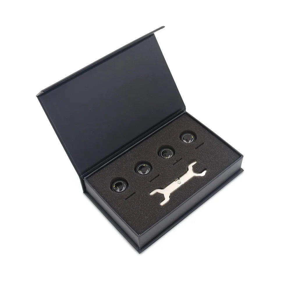 Black Bluetooth 5.0 external tire pressure monitor body sensor with IP67 waterproof rating and 100-1300kPa range