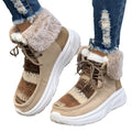 Women's beige lace-up snow boots with suede upper and fur lining on a white background.