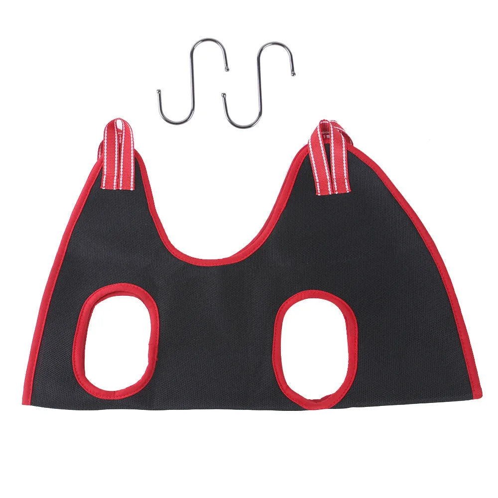 Pet grooming hammock hanging restraint bag set for dogs and cats in four sizes.
