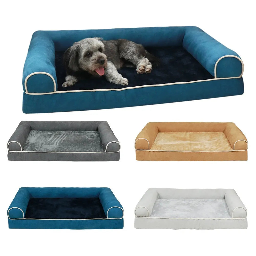 Square sponge dog bed with a breathable cloth cover, shown in blue colour.