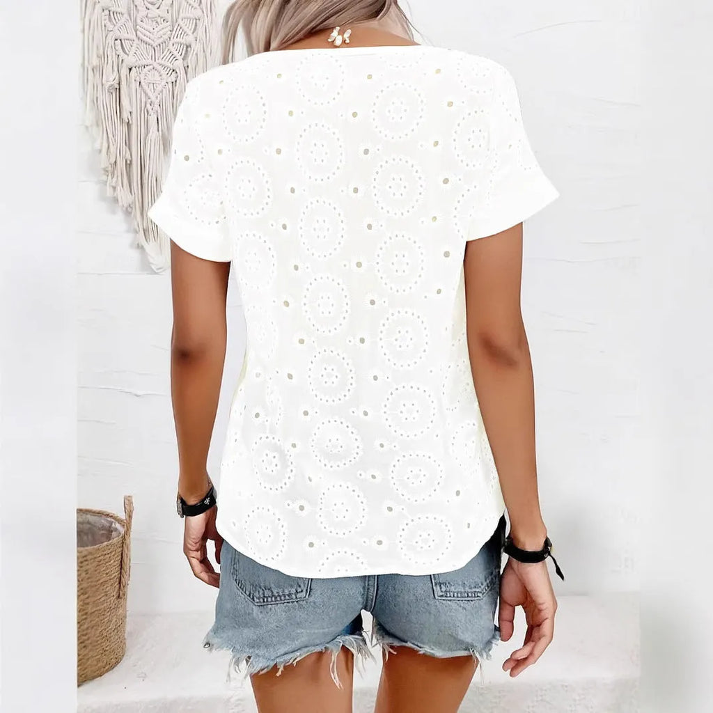 White V-neck t-shirt with hollow-out pattern and short sleeves