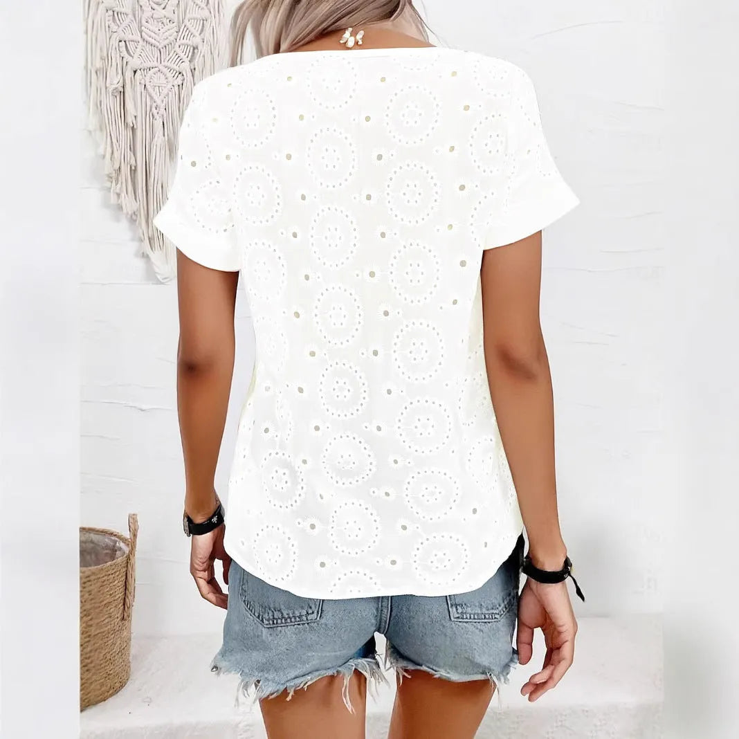 White V-neck t-shirt with hollow-out pattern and short sleeves