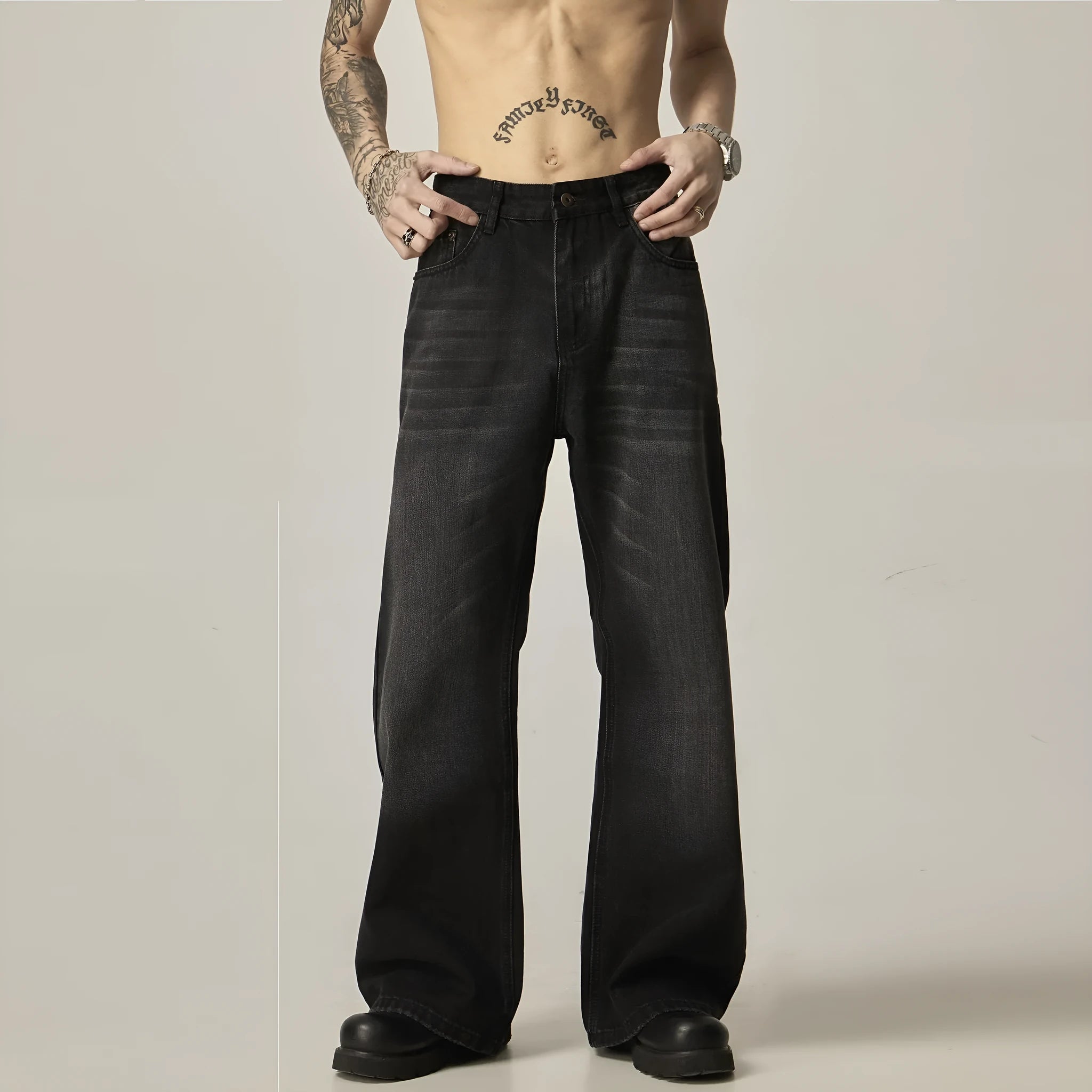 Black loose straight jeans with retro American styling and zipper fly opening