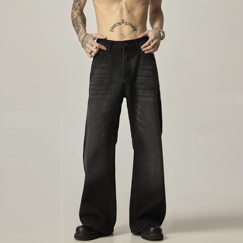 Black loose straight jeans with retro American styling and zipper fly opening