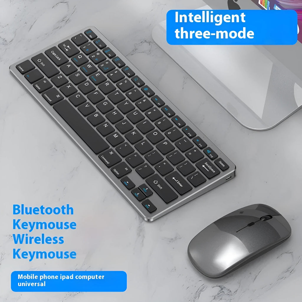 Ultra-thin wireless keyboard and silent mouse set in black, gun metal, or silver with Bluetooth and 2.4GHz connectivity