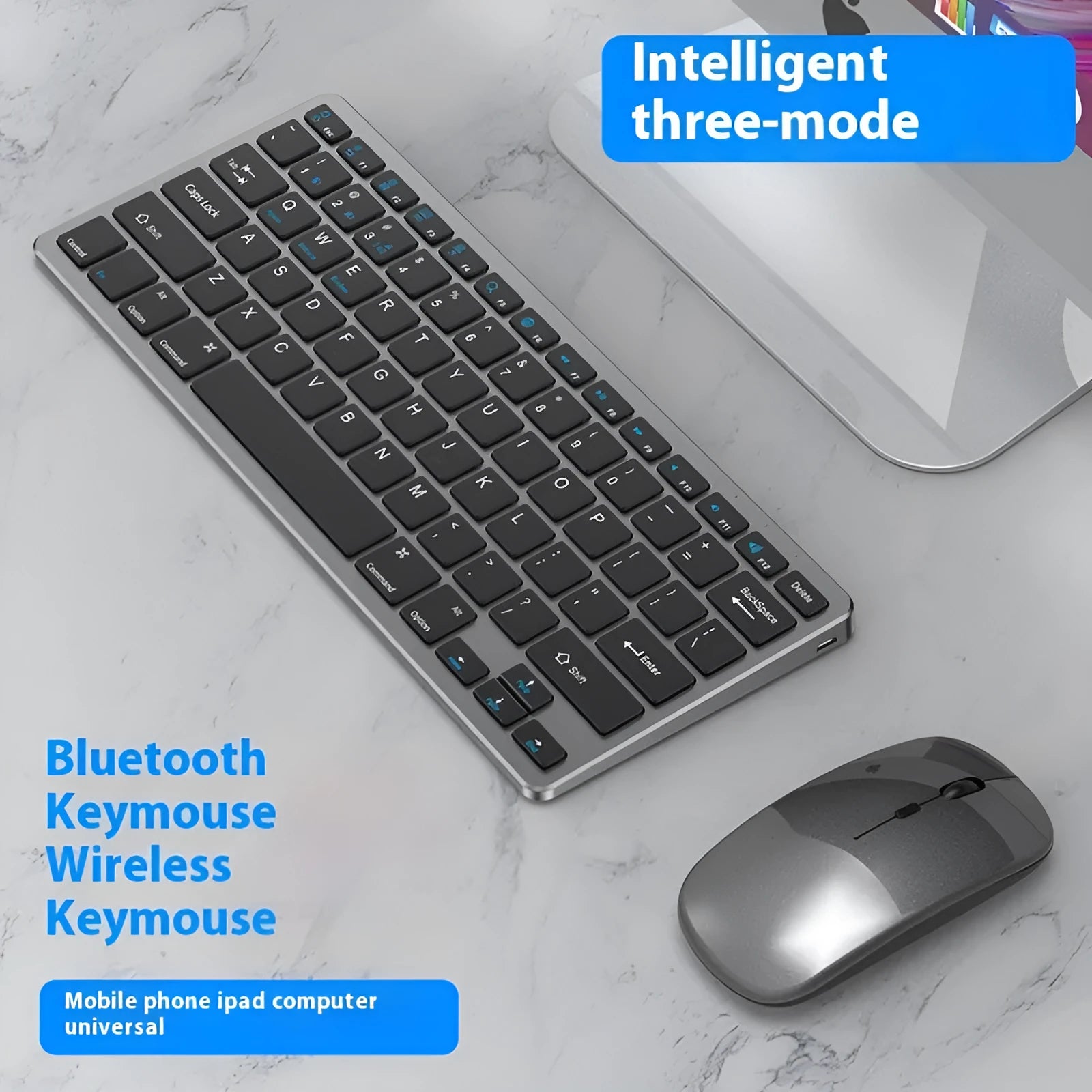 Ultra-thin wireless keyboard and silent mouse set in black, gun metal, or silver with Bluetooth and 2.4GHz connectivity