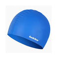 Silicone swimming cap covering ears in blue colour with white letter pattern